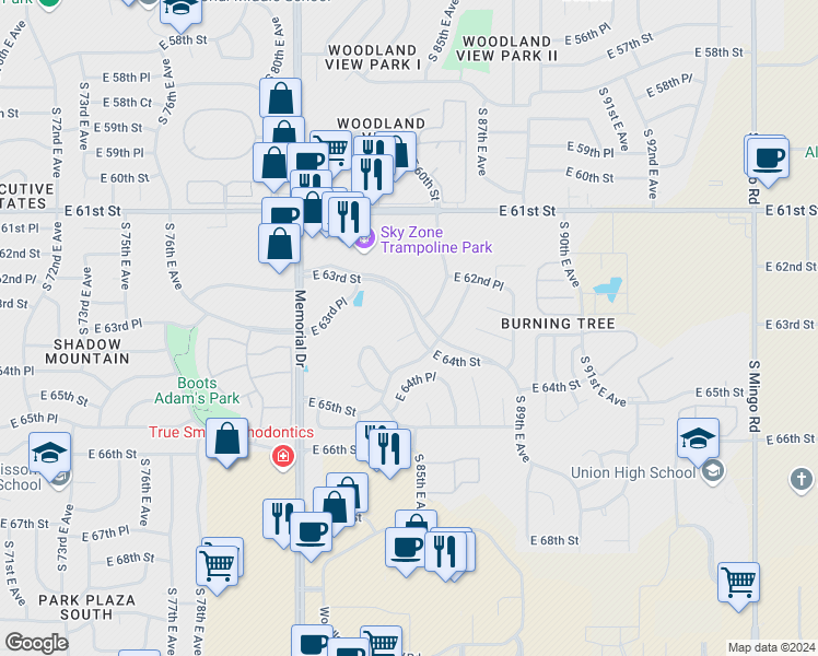 map of restaurants, bars, coffee shops, grocery stores, and more near 8605 East 63rd Street in Tulsa