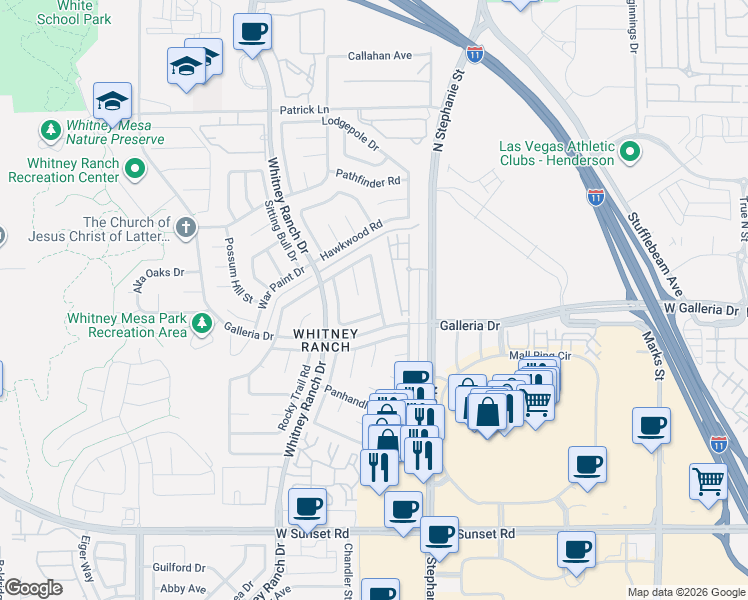 map of restaurants, bars, coffee shops, grocery stores, and more near 813 Long Branch Drive in Henderson