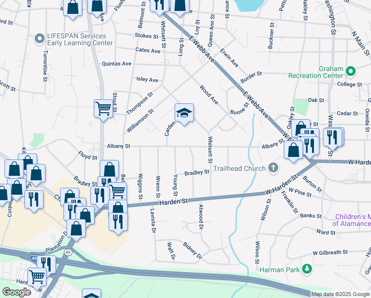 map of restaurants, bars, coffee shops, grocery stores, and more near 304 Albany Street in Burlington