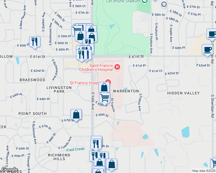 map of restaurants, bars, coffee shops, grocery stores, and more near 6161 South Yale Avenue in Tulsa