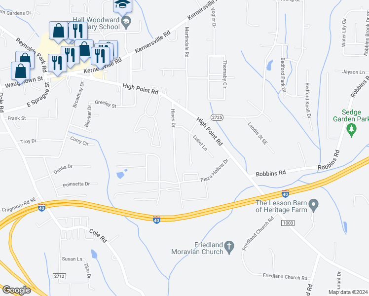 map of restaurants, bars, coffee shops, grocery stores, and more near 128 Dottie Mae Drive in Winston-Salem