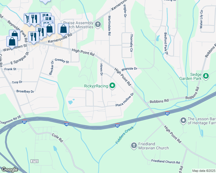 map of restaurants, bars, coffee shops, grocery stores, and more near 128 Dottie Mae Drive in Winston-Salem