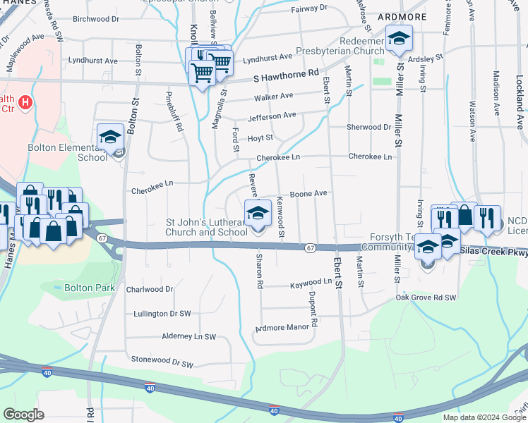 map of restaurants, bars, coffee shops, grocery stores, and more near 1409 Revere Road in Winston-Salem