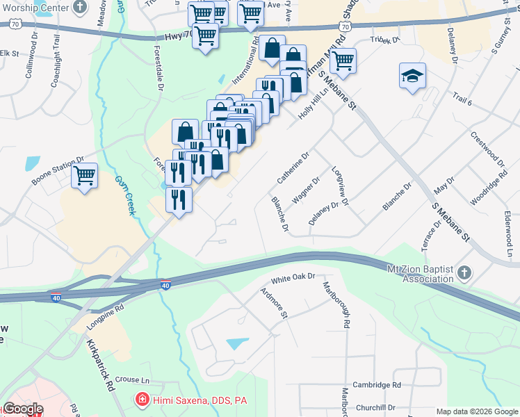 map of restaurants, bars, coffee shops, grocery stores, and more near 2708 Catherine Drive in Burlington