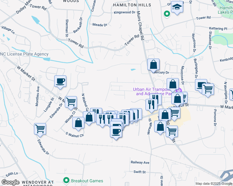map of restaurants, bars, coffee shops, grocery stores, and more near 10 Tenuss Lane in Greensboro