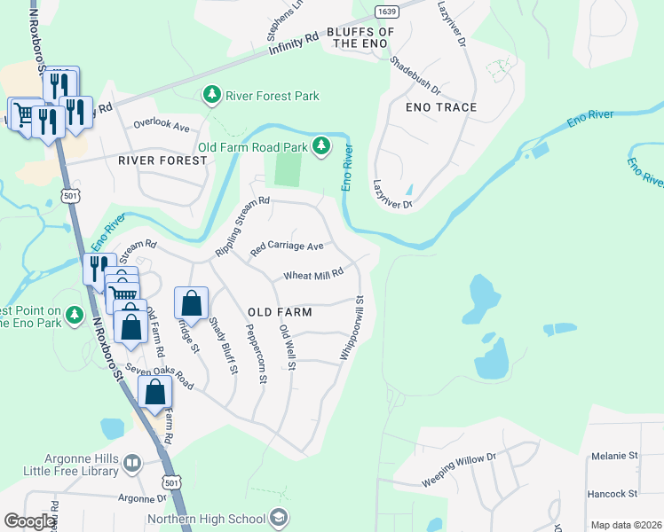 map of restaurants, bars, coffee shops, grocery stores, and more near 716 Red Carriage Avenue in Durham