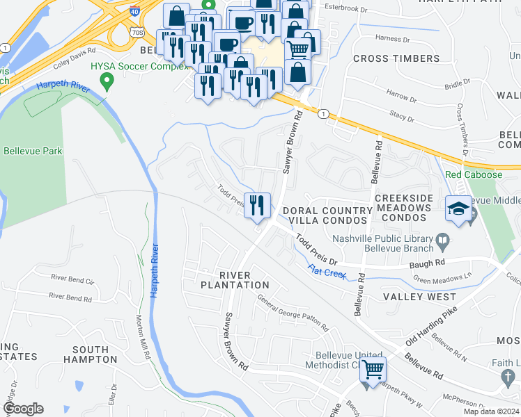 map of restaurants, bars, coffee shops, grocery stores, and more near 914 Todd Preis Drive in Nashville