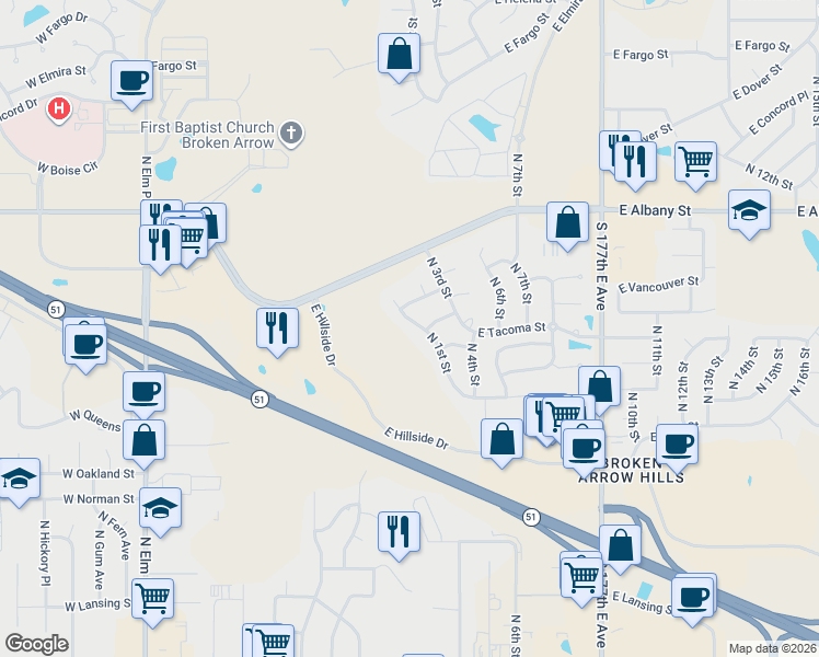 map of restaurants, bars, coffee shops, grocery stores, and more near 2004 North 1st Street in Broken Arrow