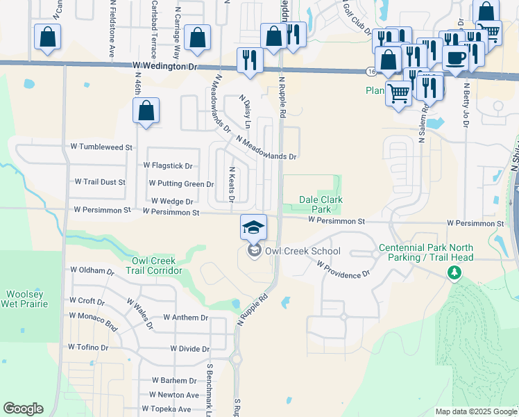 map of restaurants, bars, coffee shops, grocery stores, and more near 519 North Wordsworth Lane in Fayetteville