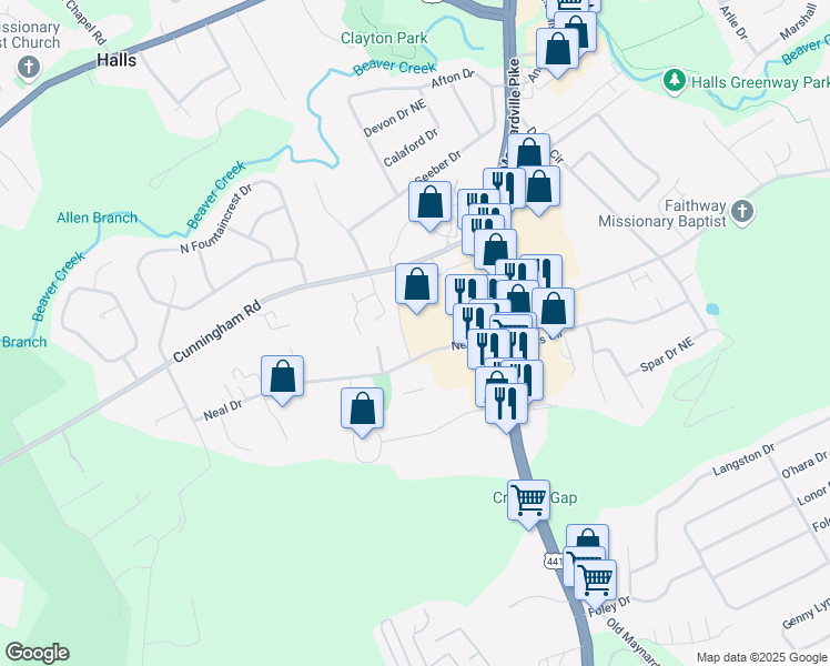 map of restaurants, bars, coffee shops, grocery stores, and more near 6909 Maynardville Pike in Knoxville