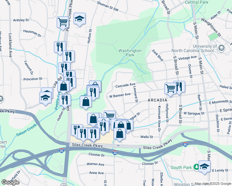 map of restaurants, bars, coffee shops, grocery stores, and more near 712 Cascade Avenue in Winston-Salem