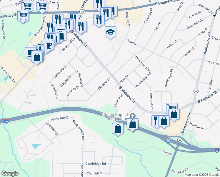 map of restaurants, bars, coffee shops, grocery stores, and more near 2709 May Drive in Burlington