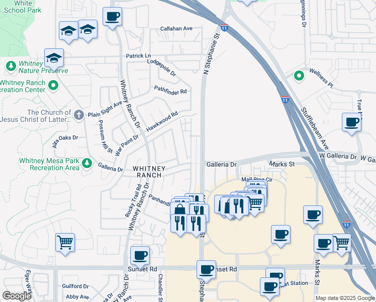 map of restaurants, bars, coffee shops, grocery stores, and more near 855 North Stephanie Street in Henderson