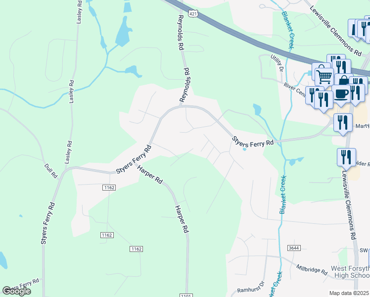 map of restaurants, bars, coffee shops, grocery stores, and more near 6187 La Crosse Court in Clemmons