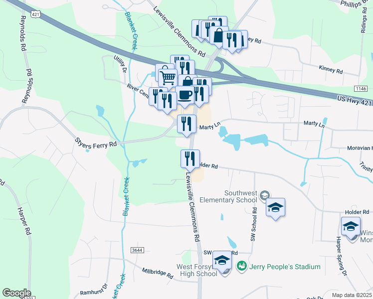 map of restaurants, bars, coffee shops, grocery stores, and more near 1532 Lewisville Clemmons Road in Clemmons