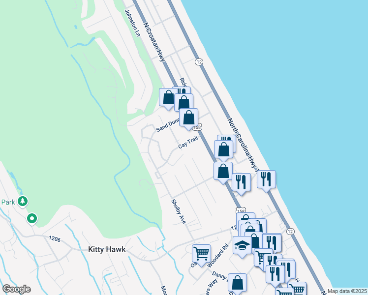 map of restaurants, bars, coffee shops, grocery stores, and more near 4108 Captain Hobbs Court in Kitty Hawk
