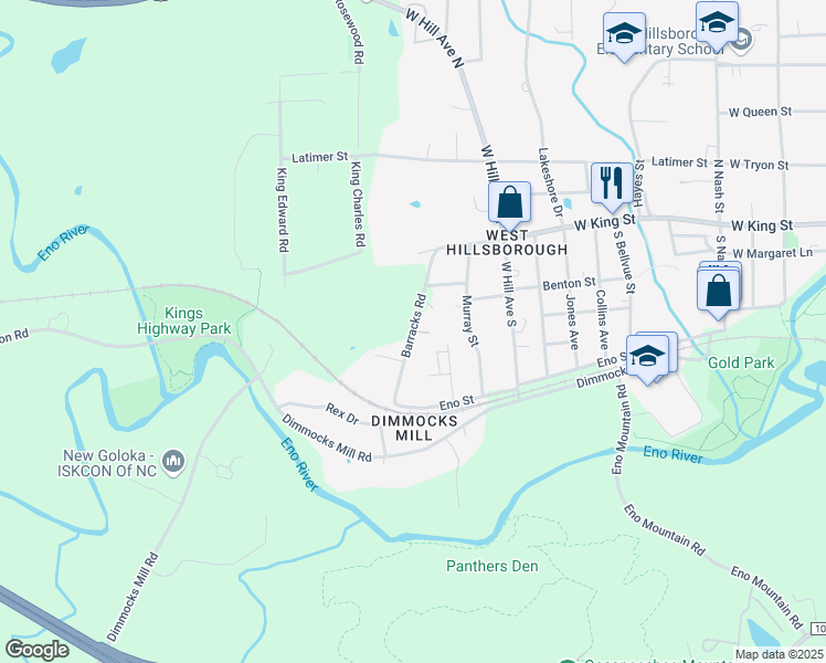map of restaurants, bars, coffee shops, grocery stores, and more near Barracks Road in Hillsborough