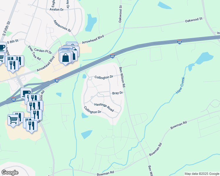 map of restaurants, bars, coffee shops, grocery stores, and more near 1004 Collington Drive in Mebane