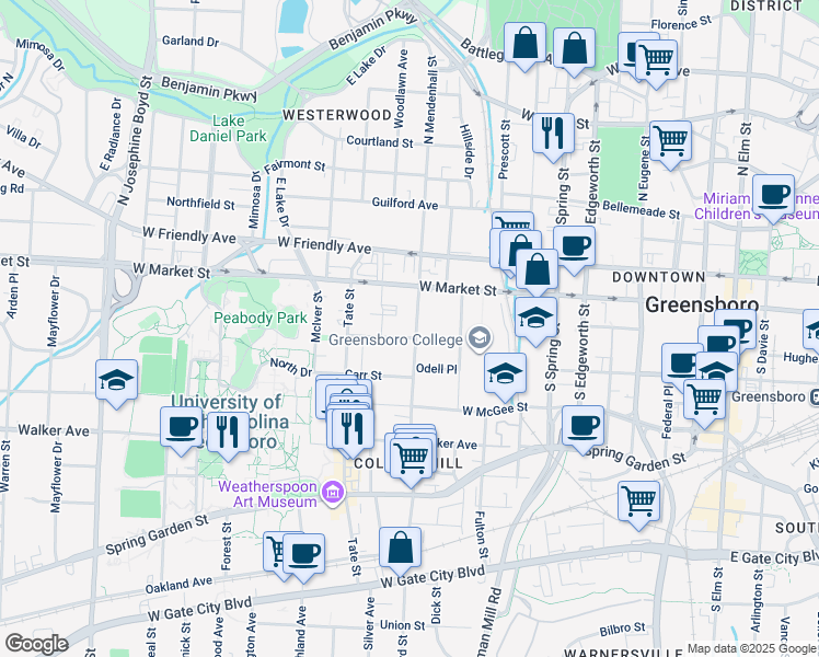 map of restaurants, bars, coffee shops, grocery stores, and more near 124 South Mendenhall Street in Greensboro