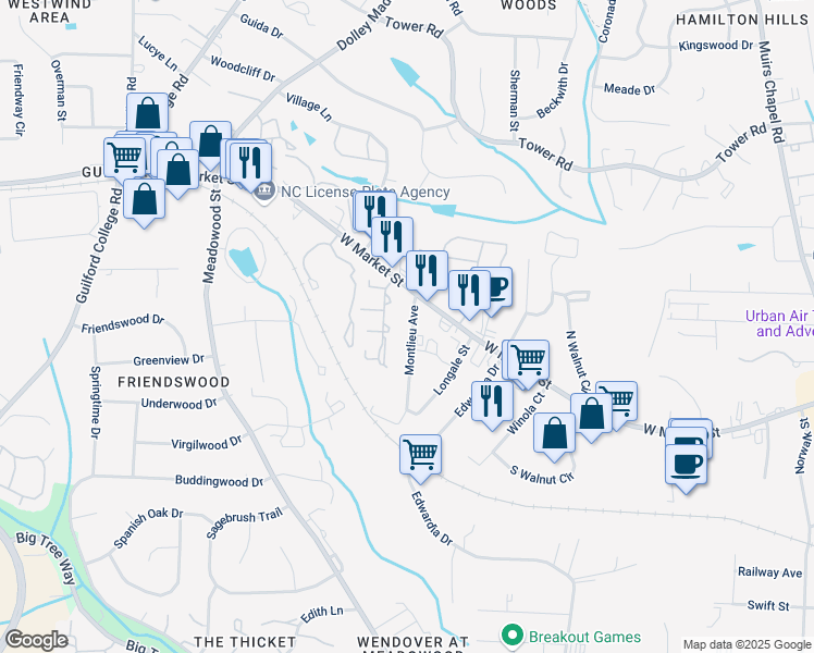 map of restaurants, bars, coffee shops, grocery stores, and more near 112 Montlieu Avenue in Greensboro