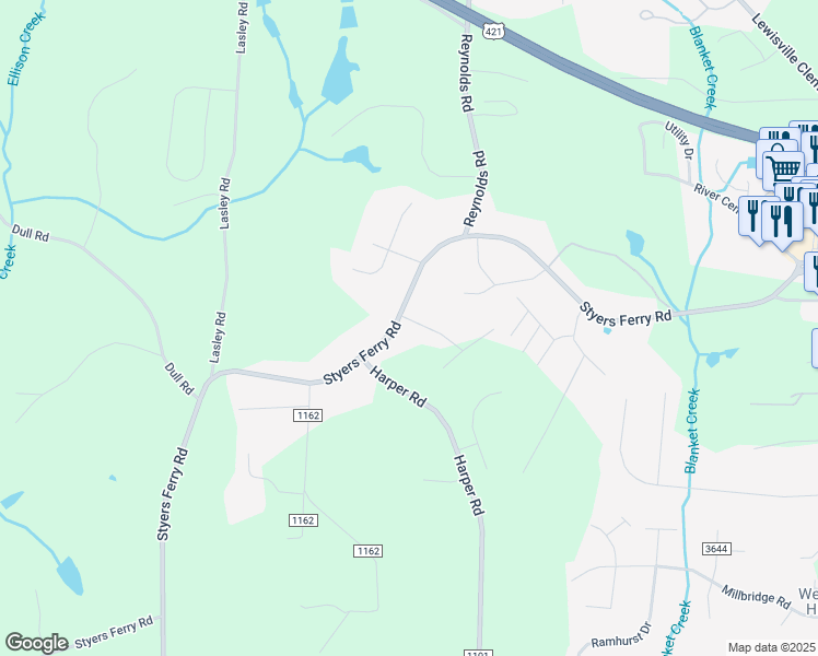 map of restaurants, bars, coffee shops, grocery stores, and more near 6199 Styers Ferry Road in Clemmons