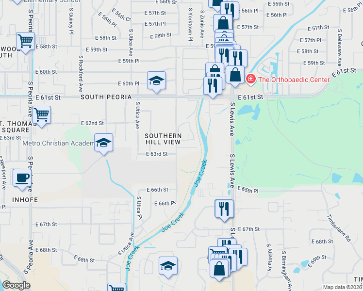 map of restaurants, bars, coffee shops, grocery stores, and more near 6246 South Yorktown Place in Tulsa