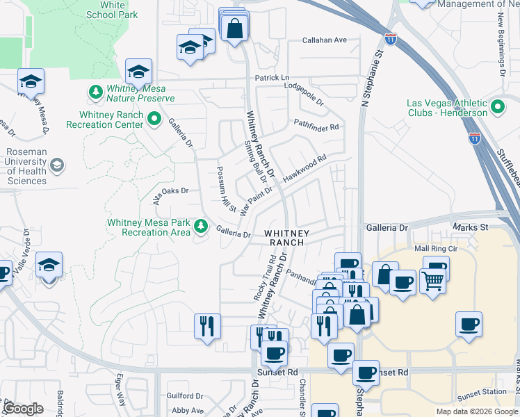 map of restaurants, bars, coffee shops, grocery stores, and more near 1519 War Paint Drive in Henderson
