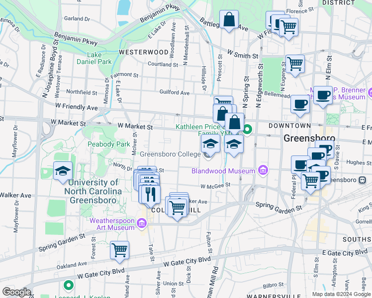 map of restaurants, bars, coffee shops, grocery stores, and more near 110 College Place in Greensboro