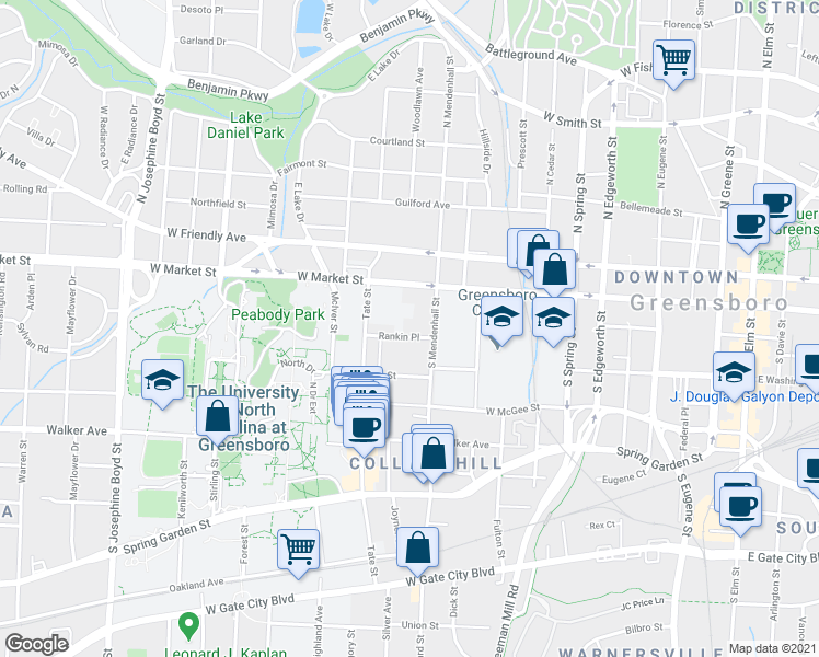 map of restaurants, bars, coffee shops, grocery stores, and more near 120 South Mendenhall Street in Greensboro