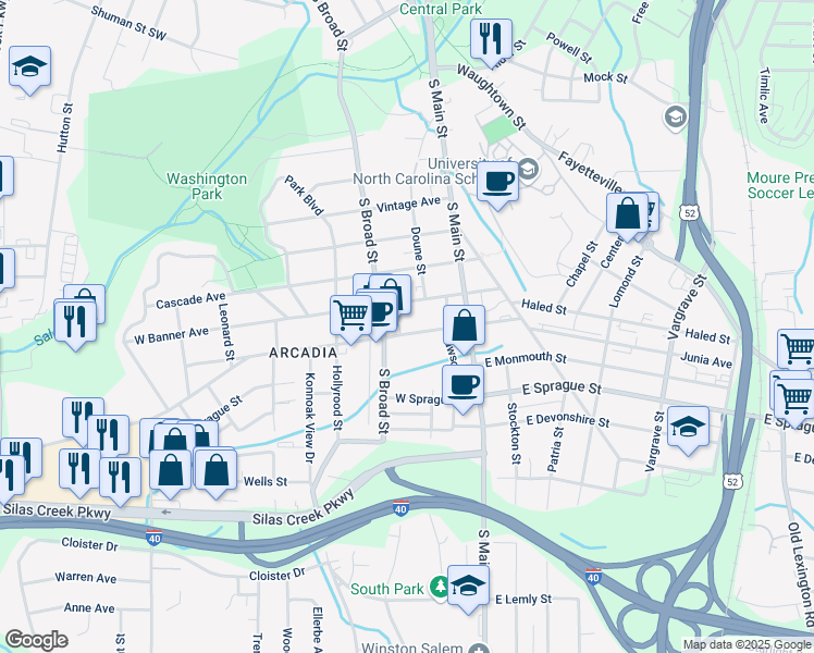 map of restaurants, bars, coffee shops, grocery stores, and more near 134 West Banner Avenue in Winston-Salem