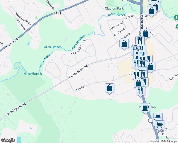 map of restaurants, bars, coffee shops, grocery stores, and more near 6905 Kings Crossing Way in Knoxville
