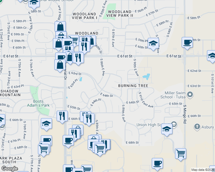 map of restaurants, bars, coffee shops, grocery stores, and more near 6235 South 87th East Avenue South in Tulsa