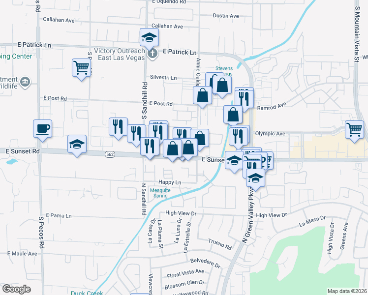 map of restaurants, bars, coffee shops, grocery stores, and more near 3990 East Sunset Road in Las Vegas