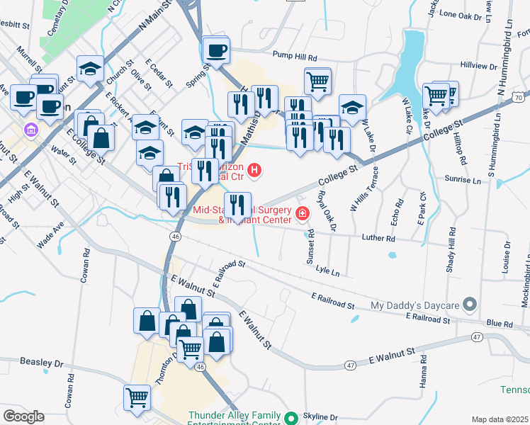 map of restaurants, bars, coffee shops, grocery stores, and more near 108 U.S.70 in Dickson