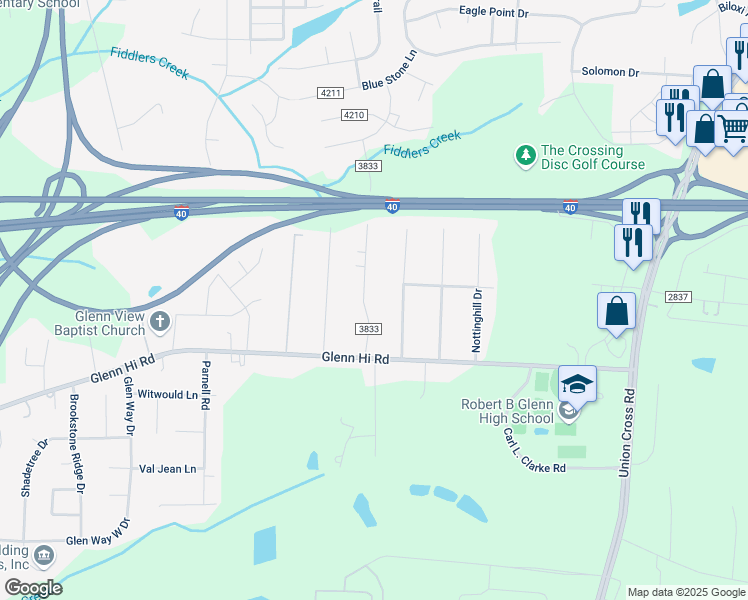map of restaurants, bars, coffee shops, grocery stores, and more near 521 Lake Valley Drive in Winston-Salem