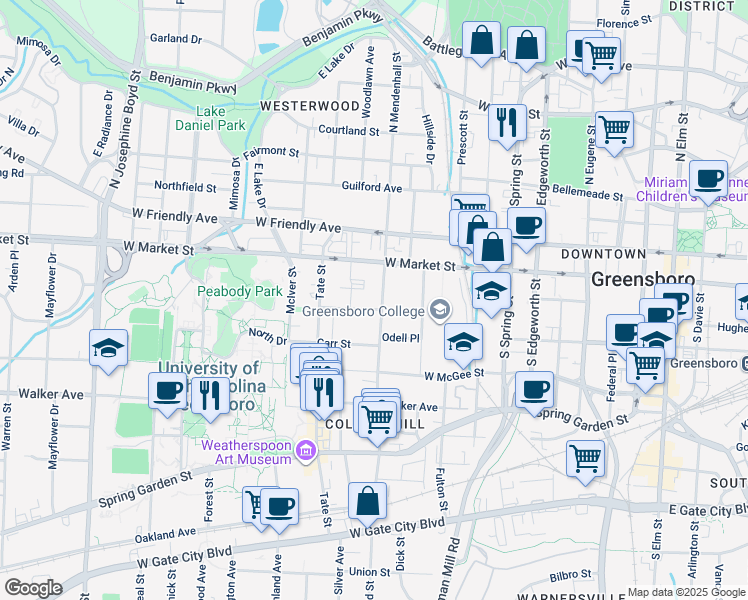 map of restaurants, bars, coffee shops, grocery stores, and more near 124 South Mendenhall Street in Greensboro