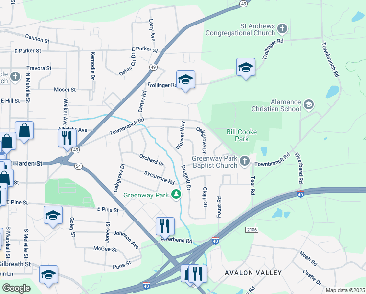 map of restaurants, bars, coffee shops, grocery stores, and more near 412 Ashburn Street in Graham