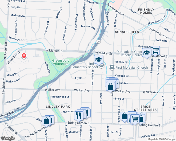 map of restaurants, bars, coffee shops, grocery stores, and more near 115 Berkshire Street in Greensboro