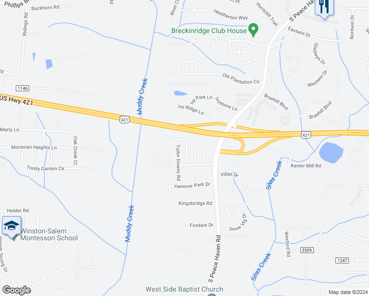 map of restaurants, bars, coffee shops, grocery stores, and more near 142 Charlotte Court in Winston-Salem