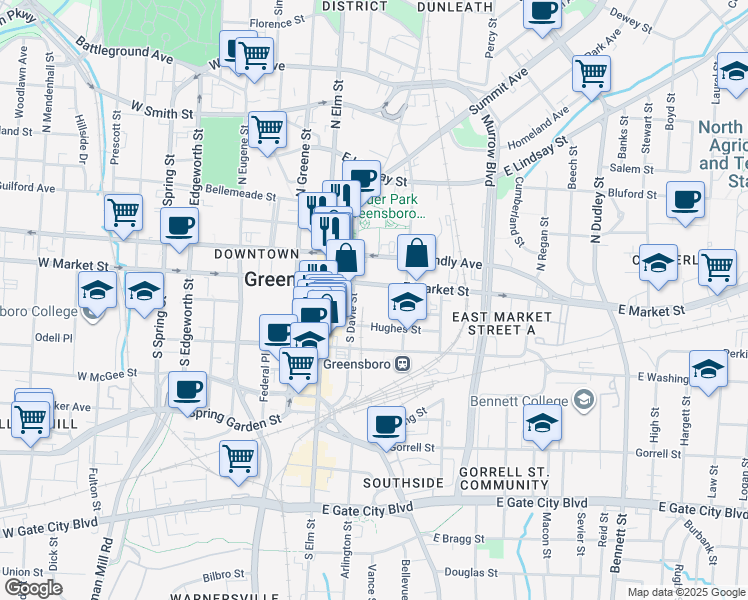 map of restaurants, bars, coffee shops, grocery stores, and more near 200 East Market Street in Greensboro