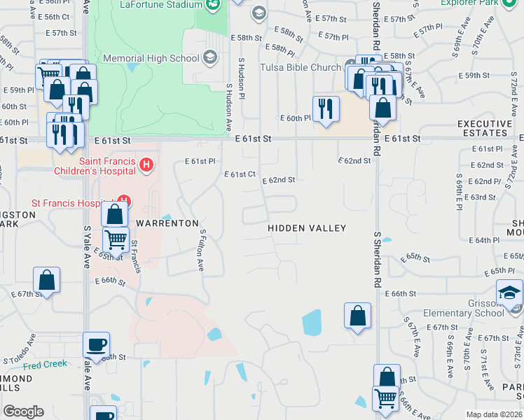 map of restaurants, bars, coffee shops, grocery stores, and more near 5742 E 62nd Pl in Tulsa