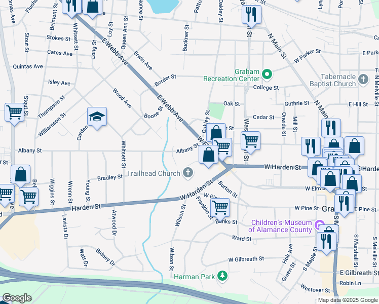 map of restaurants, bars, coffee shops, grocery stores, and more near 112 Albany Street in Graham