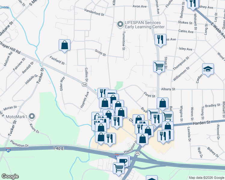 map of restaurants, bars, coffee shops, grocery stores, and more near 885 Bradley Street in Burlington