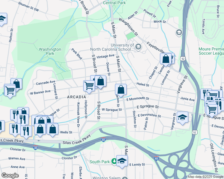 map of restaurants, bars, coffee shops, grocery stores, and more near 113 West Acadia Avenue in Winston-Salem