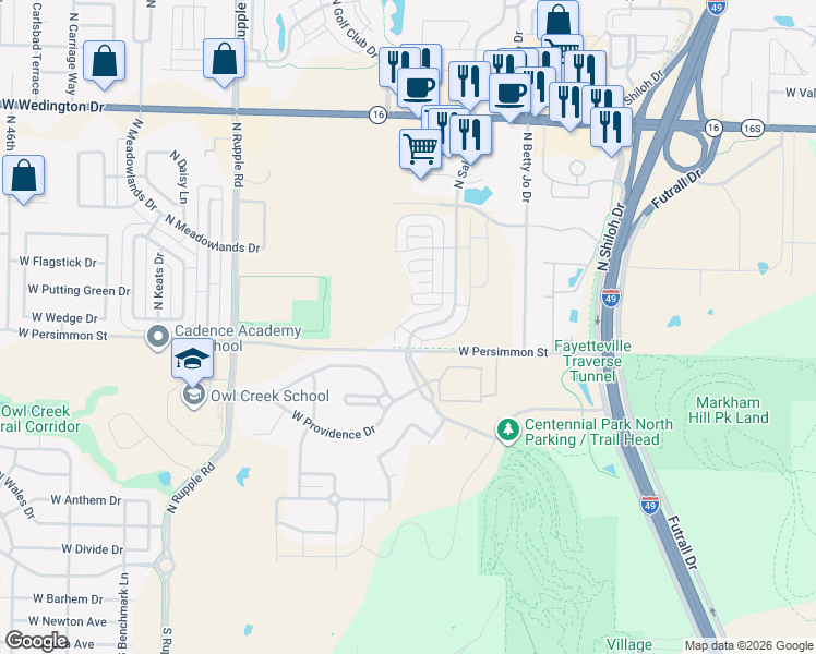 map of restaurants, bars, coffee shops, grocery stores, and more near 533 North Salem Road in Fayetteville