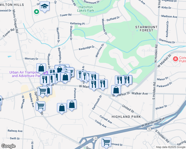 map of restaurants, bars, coffee shops, grocery stores, and more near 208 Revere Drive in Greensboro