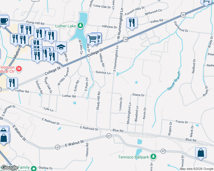 map of restaurants, bars, coffee shops, grocery stores, and more near 106 Shady Hill Road in Dickson