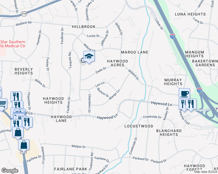 map of restaurants, bars, coffee shops, grocery stores, and more near 335 Leo Lane in Nashville