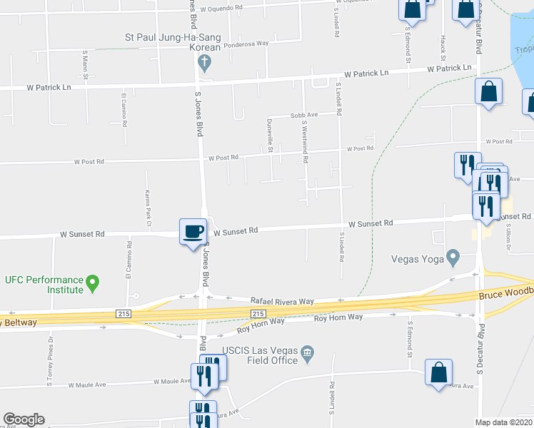 map of restaurants, bars, coffee shops, grocery stores, and more near 5840 West Sunset Road in Las Vegas