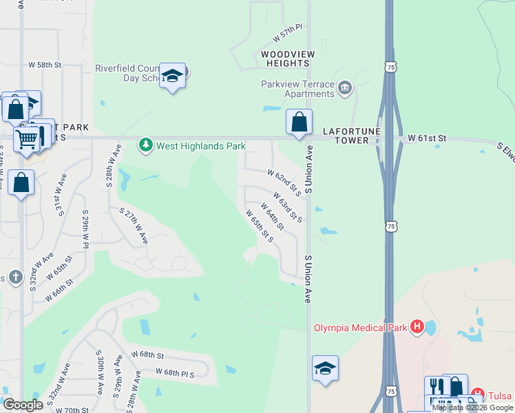 map of restaurants, bars, coffee shops, grocery stores, and more near 1876 West 64th Street in Tulsa